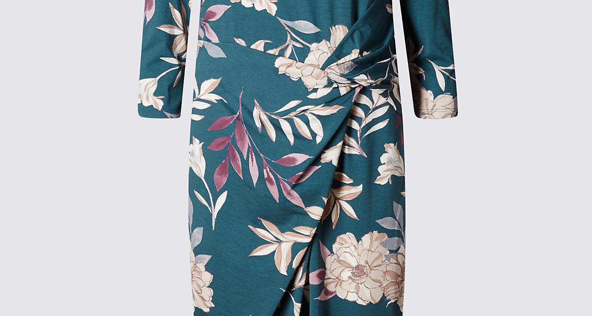 Classic Floral Print 3/4 Sleeve Bodycon Dress